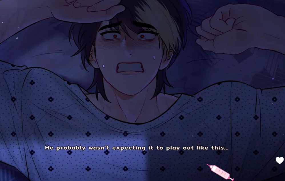 Distressed character lying back with raised arms in a blue-lit scene with dialogue and a syringe-shaped cursor