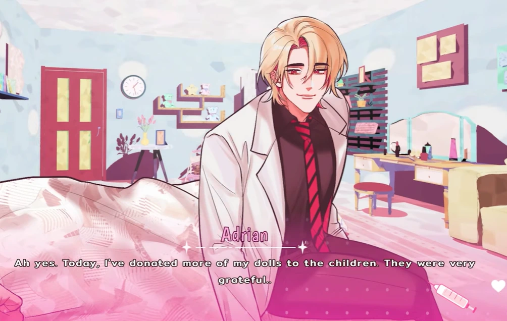 Adrian in a white coat and red tie speaking about donating dolls in a bright bedroom
