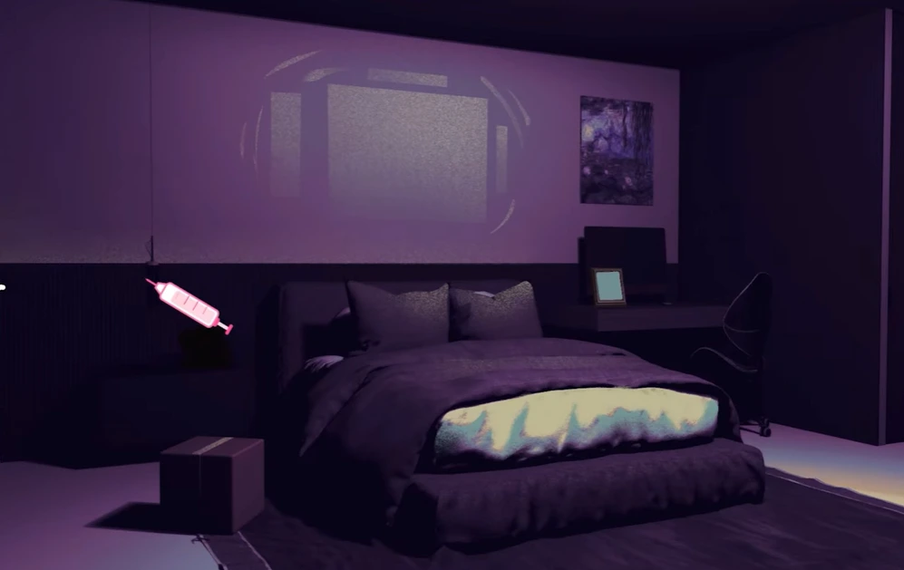 Dark purple bedroom with a double bed, desk, chair, and syringe-shaped game cursor
