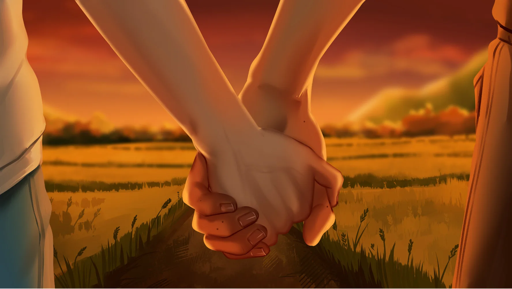 The False Sun screenshot showing two characters holding hands in a bright field while the farm mood turns uncertain
