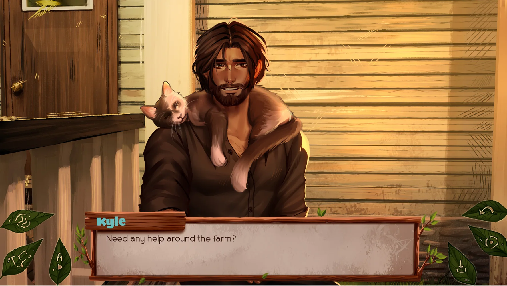 The False Sun screenshot showing Kyle in a farmhouse dialogue scene with a calm surface hiding uneasy tension